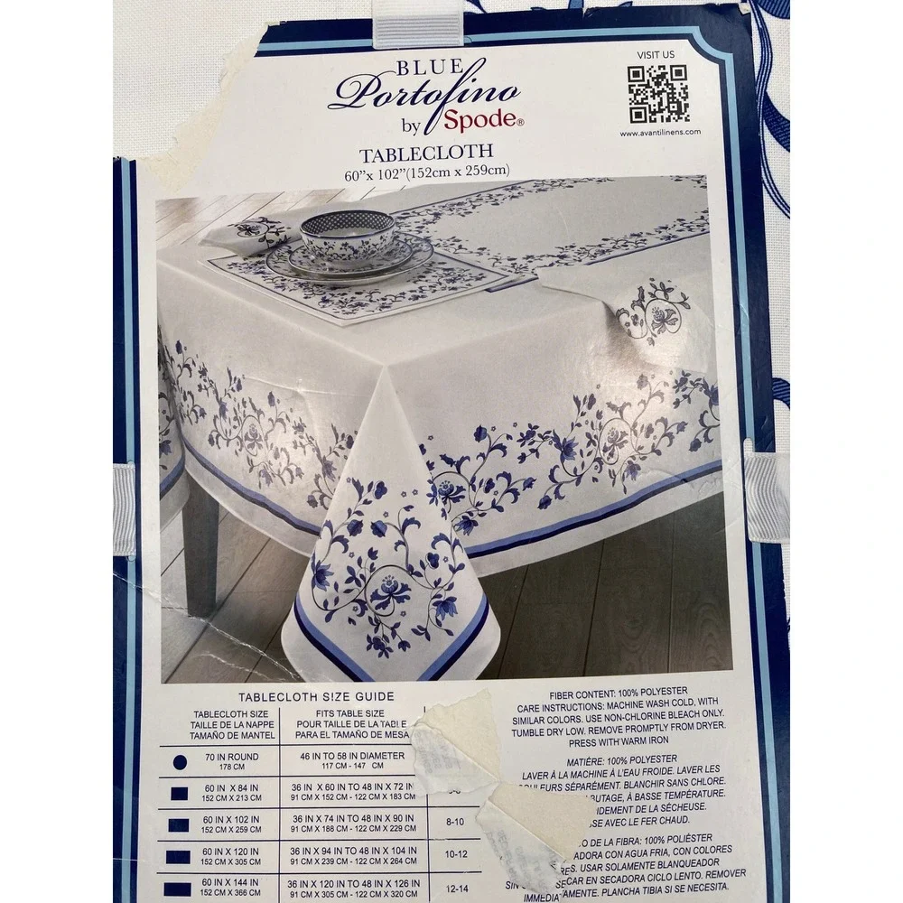 Spode Blue Portofino Tablecloth 60x102 Oblong Blue White Floral French Country